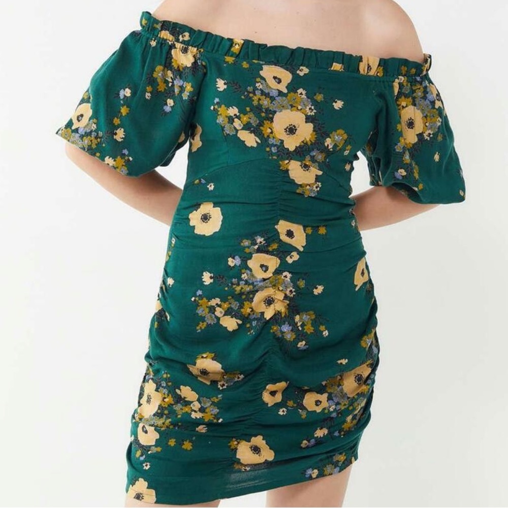 Urban Outfitters Rushed Green and Yellow Floral Off the Shoulder Mini Dress